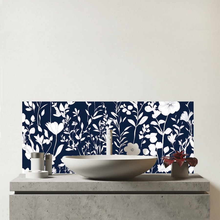 Click to view product details and reviews for Blue And White Floral Silhouette Glass Bathroom Splashback.