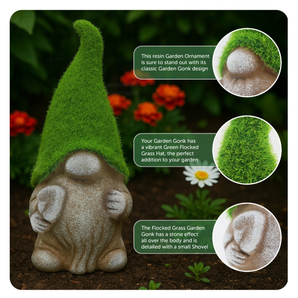 Style 1 Spade - 18cm Flock Grass Garden Gonk Gnome Ceramic Outdoor Ornament Statue Decoration