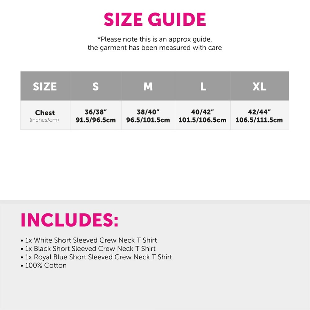 3 Pack Black, White & Blue Crew Neck T Shirts