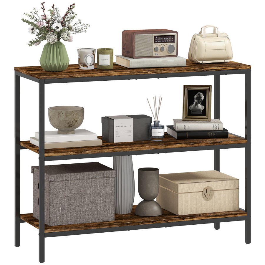 Click to view product details and reviews for Homcom 3 Tier Console Table With Storage Shelves Industrial Entryway Table For Living Room Hallway Rustic Brown.