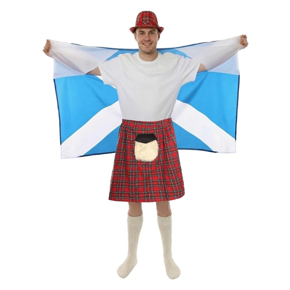 Click to view product details and reviews for Adults Scottish Costume Set 4 Pcs Kilt Hat Flag Cape Socks Standard.
