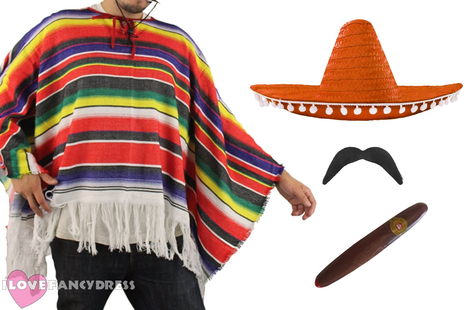 Click to view product details and reviews for Mexican Poncho Sombrero Tash Western Costume 9 Colours Orange.