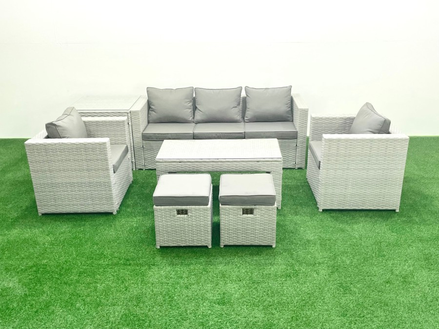 Click to view product details and reviews for Fimous Rattan Garden Furniture Set 7 Seater Outdoor Garden Sofa Oblong Coffee Table Set With 2 Chairs 2 Stools Side Table Light Grey Mixed.