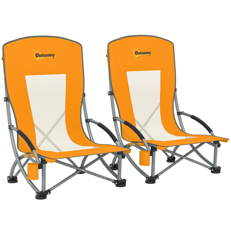 Outsunny Set of 2 Folding Beach Chair, Camping Chair with Carry Bag, Orange