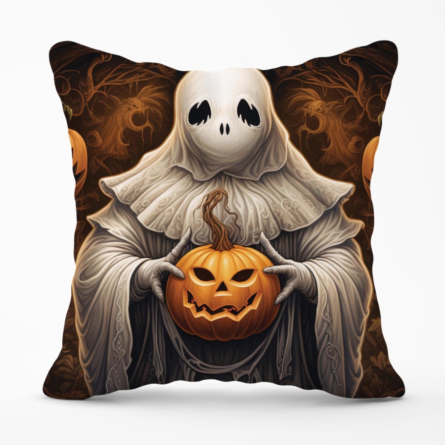 Warren Reed Spooky White Ghost Holding Pumpkin Cushions - 45Cm X 45Cm