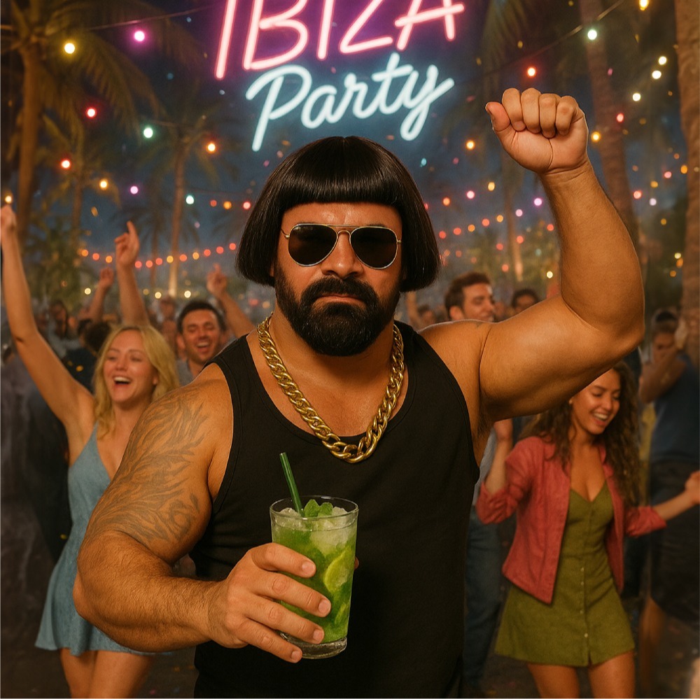 Ibiza Final Boss Costume Accessory Set | 4 Pcs | Wig, Chain, Sunglasses & Goatee