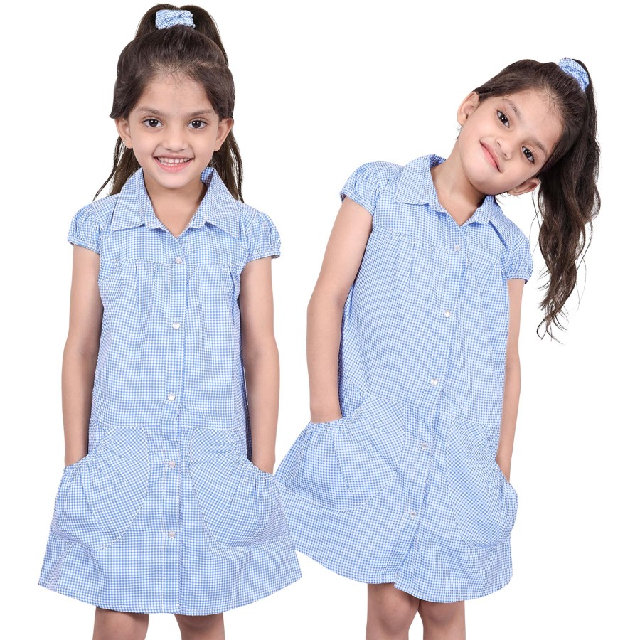 Click to view product details and reviews for Kids Girls Pack Of 2 Uniform School Dress Gingham Dress With Matching Scrunchies 6 7 Years Light Blue.