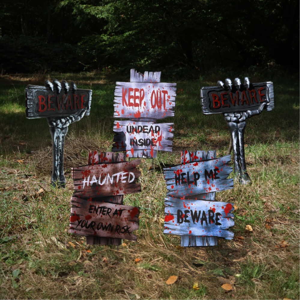 Click to view product details and reviews for Pack Of 5 Halloween Tombstone Signs â Beware Skeleton Arms Bloody Wooden Plank Stakes For Indoor Outdoor Decoration.