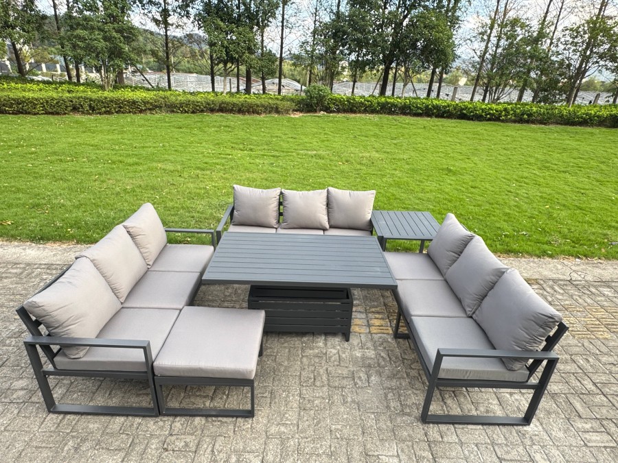 Fimous U-shaped Garden Furniture Set 10-Seater Aluminium Outdoor Dining Set with Adjustable Rising Lifting Dining Table Side Table Big Footstool Dark Grey
