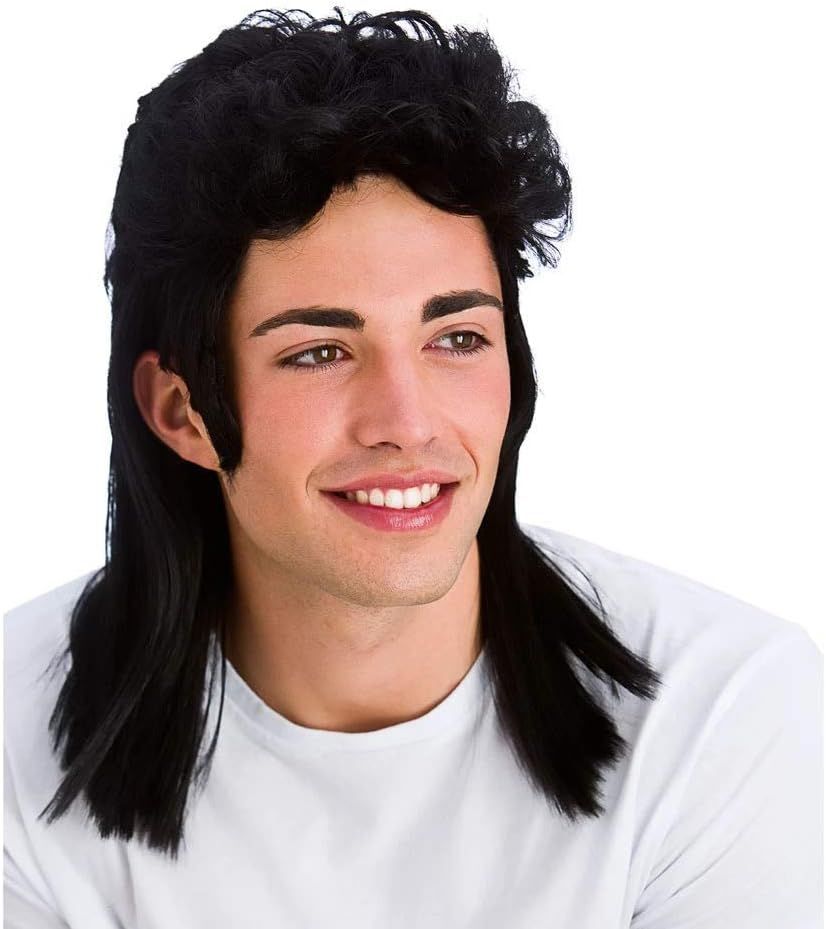 Mens Black 80's Mullet Fancy Dress Wig