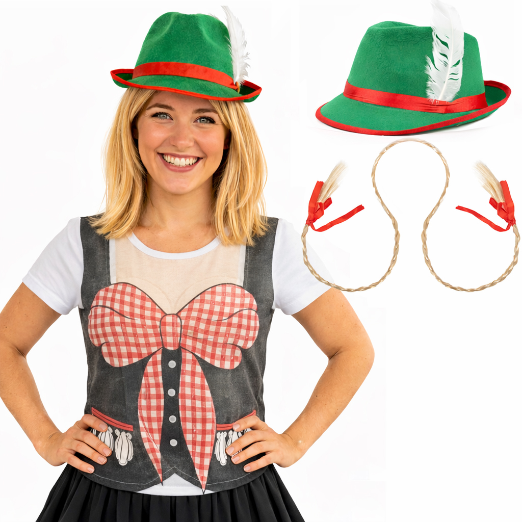 Click to view product details and reviews for Ladies Oktoberfest Bavarian Costume 3 Pcs T Shirt Hat Plait Headband Green Hat.