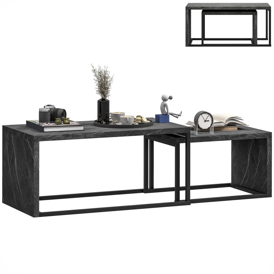 Click to view product details and reviews for Homcom Coffee Tables Set Of 2 Industrial Nest Of Tables With Metal Frame For Living Room Bedroom Dark Grey Marble Effect.