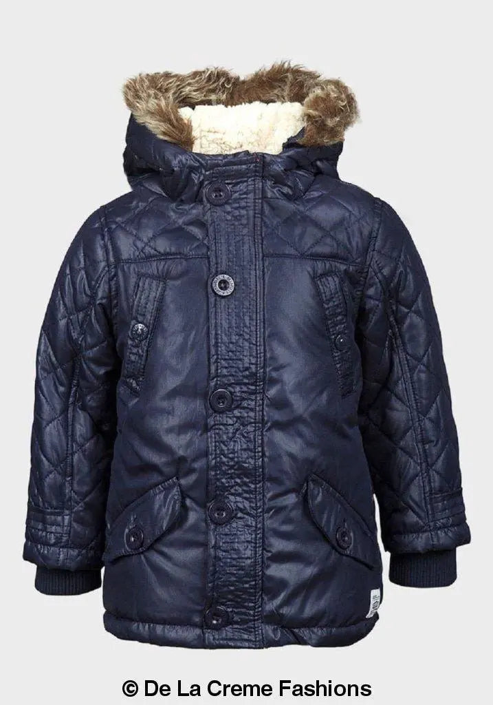 Minoti Boys Quilted Winter Padded Jacket Faux Fur Hooded Puffa Coat Navy 5 6 Years