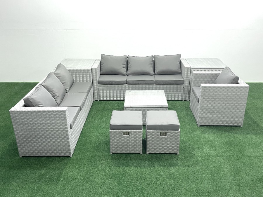 Click to view product details and reviews for Fimous Wicker Pe Rattan Sofa Garden Furniture Set With Armchair Square Coffee Table 2 Small Footstools 2 Side Tables Light Grey Mixed.