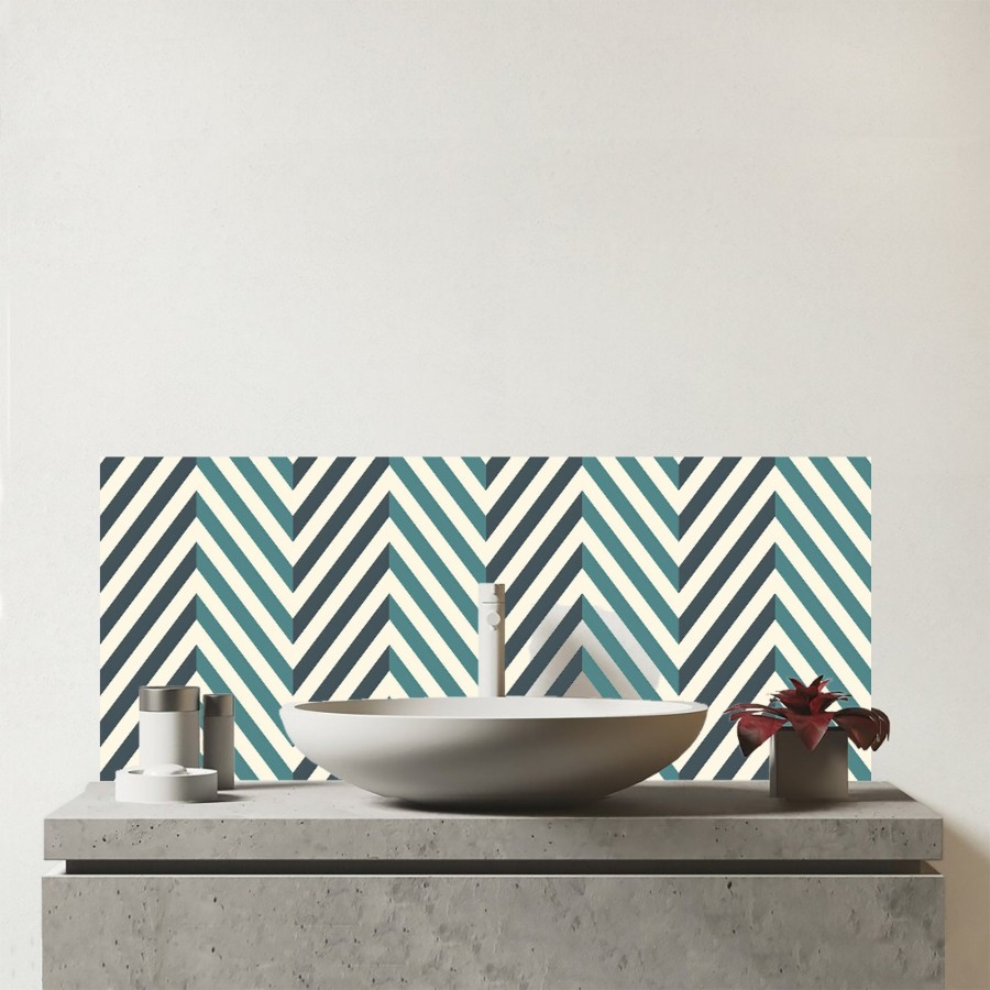 Click to view product details and reviews for Geometric Herringbone Chevron Blues Glass Bathroom Splashback.