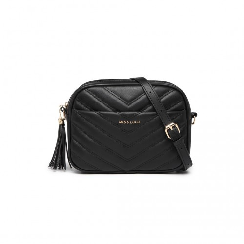 La2119 1 Miss Lulu Lightweight Quilted Leather Cross Body Bag Black