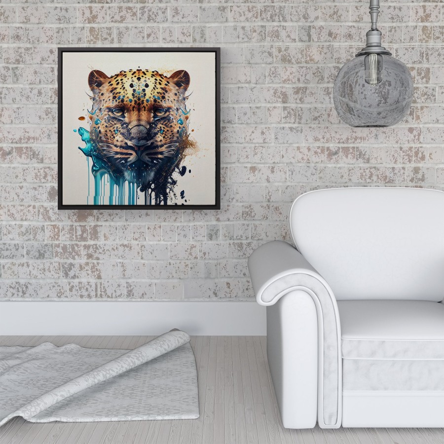 Click to view product details and reviews for Leapoard Face Splashart On Light Background Framed Canvas 16 X 16 Black.