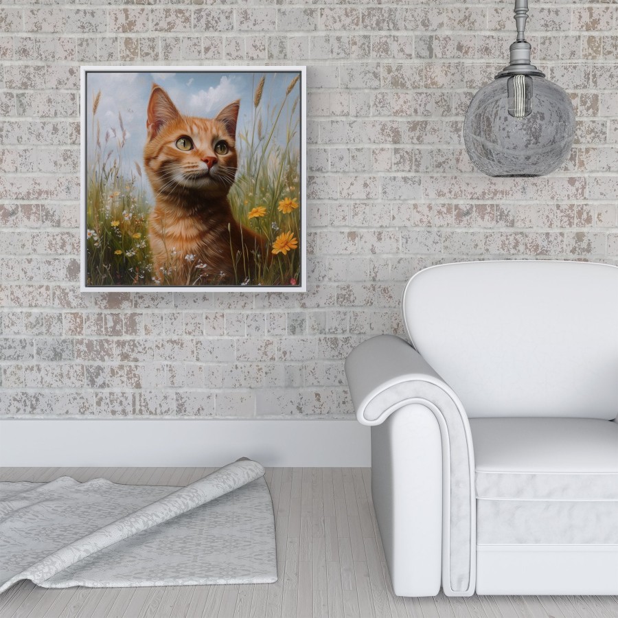 Click to view product details and reviews for Happy Short Haired Ginger Cat In A Spring Meadow Framed Canvas 16 X 16 White.