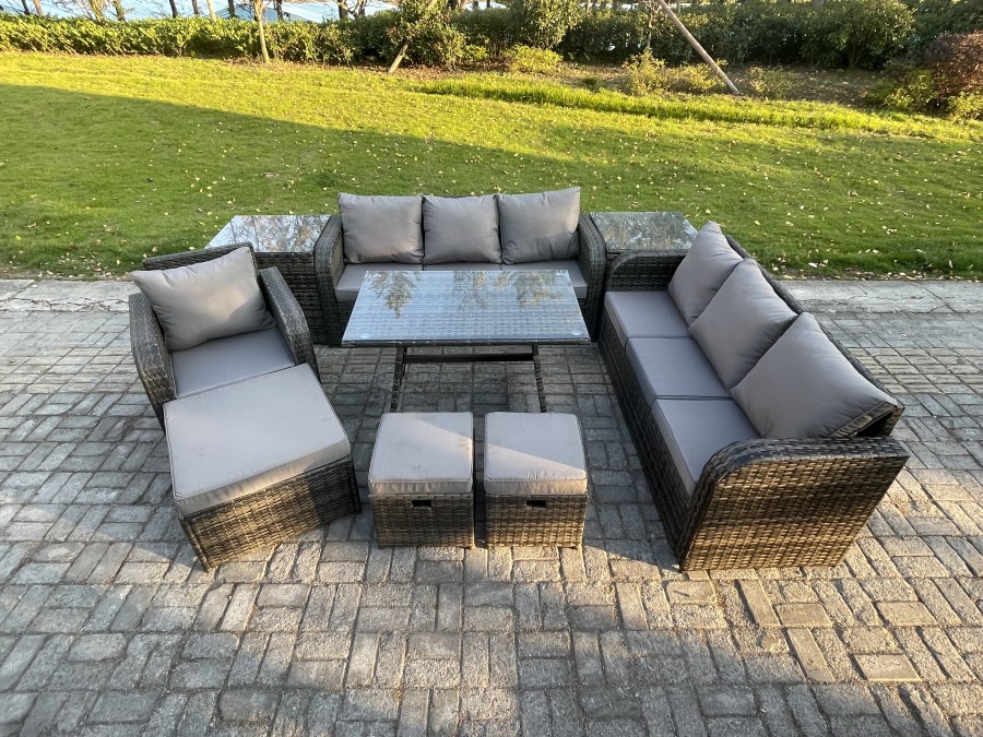 Click to view product details and reviews for Fimous Wicker 9 Pieces Rattan Garden Furniture Sofa Set With Rectangular Dining Table Armchair 3 Footstools 2 Side Tables Dark Grey Mixed.