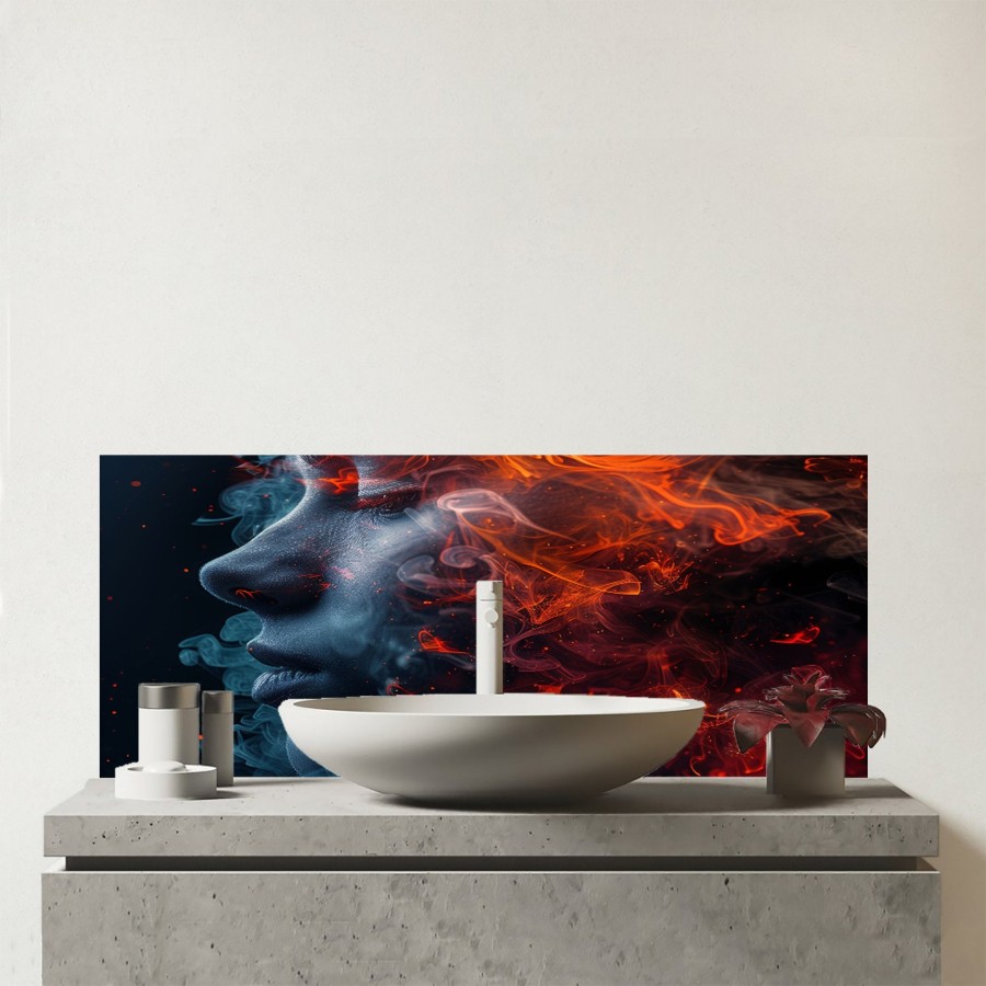 Click to view product details and reviews for Fiery Mindscape Portrait In Flames Glass Bathroom Splashback.