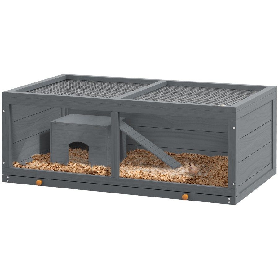 PawHut Wooden Hamster Cage with Sliding Tray, Openable Top, Hut, Grey