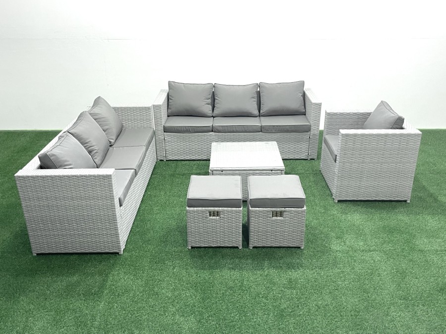 Click to view product details and reviews for Fimous Wicker Pe Rattan Sofa Garden Furniture Set With Armchair Square Coffee Table 2 Small Footstools Light Grey Mixed.