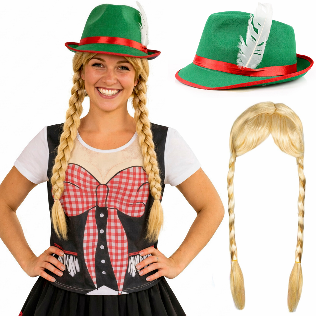 Click to view product details and reviews for Ladies Oktoberfest Bavarian Costume 3 Pcs T Shirt Hat Plait Wig Green Hat.