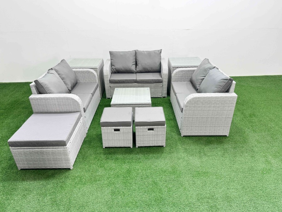 Click to view product details and reviews for Fimous 9 Seater Pe Wicker Rattan Furniture Sofa Sets With Square Coffee Table 2 Seater Love Sofa 3 Stool 2 Side Table Light Grey.