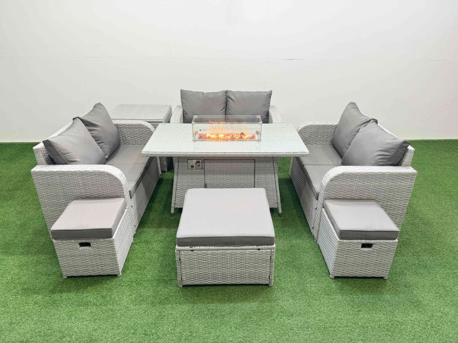 Click to view product details and reviews for Fimous 9 Seater Pe Wicker Rattan Furniture Sofa Sets With Firepit Dining Table 2 Seater Love Sofa 3 Stool Side Table Light Grey.