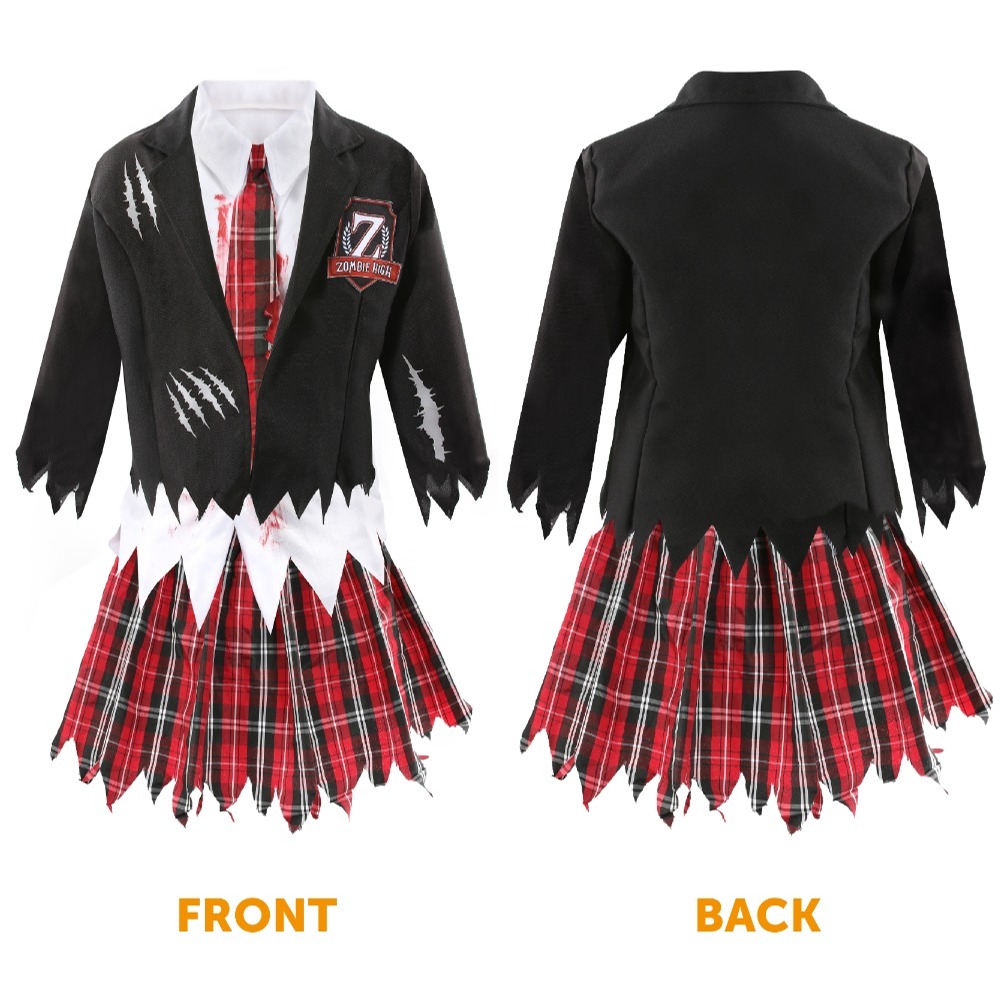 Girls Zombie Schoolgirl Halloween Costume With Bloody Tights, Facepaint & Blood