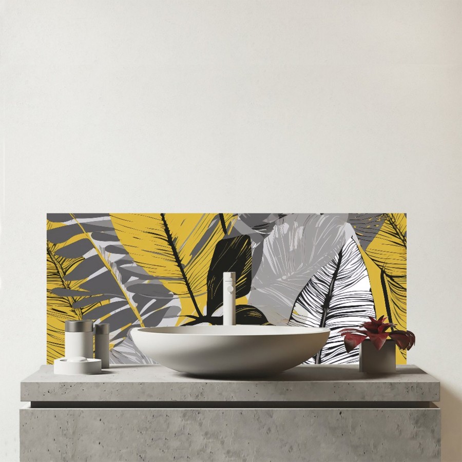 Click to view product details and reviews for Grey Yellow Floral Leaves Glass Bathroom Splashback.