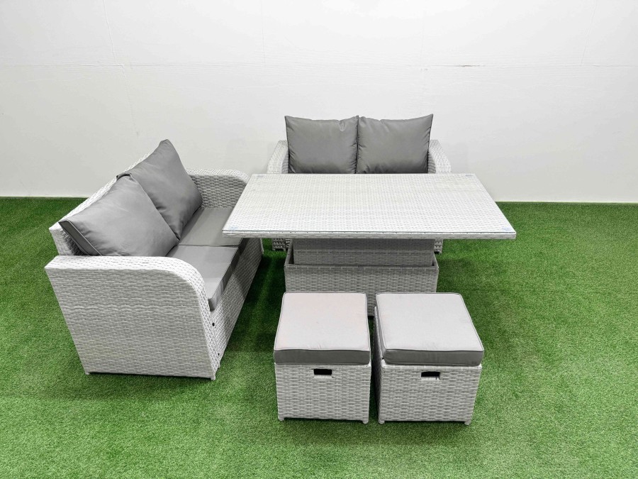 Click to view product details and reviews for Fimous 6 Seater Outdoor Love Sofa Set Rattan Garden Furniture Set With Adjustable Lifting Dining Or Coffee Table 2 Small Stools Light Grey.