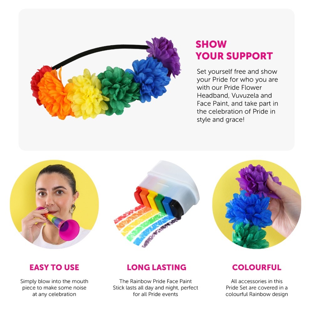 Rainbow Pride Headband, Vuvuzela and Facepaint Stick Set