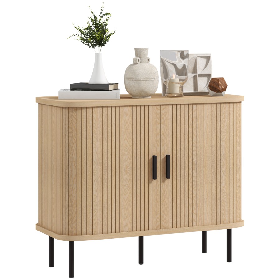 Click to view product details and reviews for Homcom Mid Century Modern Sideboard Storage Cabinet With Slatted Tambour Sliding Doors Kitchen Cabinet With Steel Legs Oak Tone.