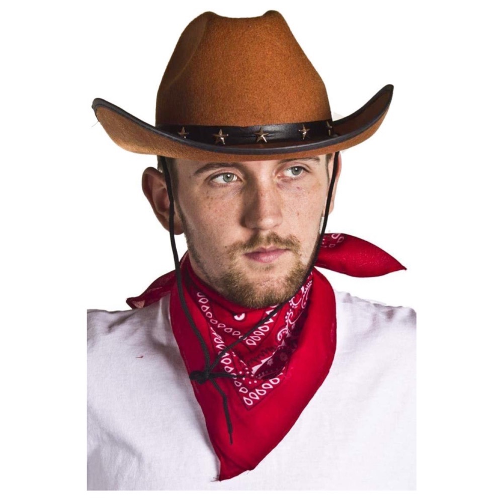 Brown Studded Cowboy Hat & Red Bandana - Model