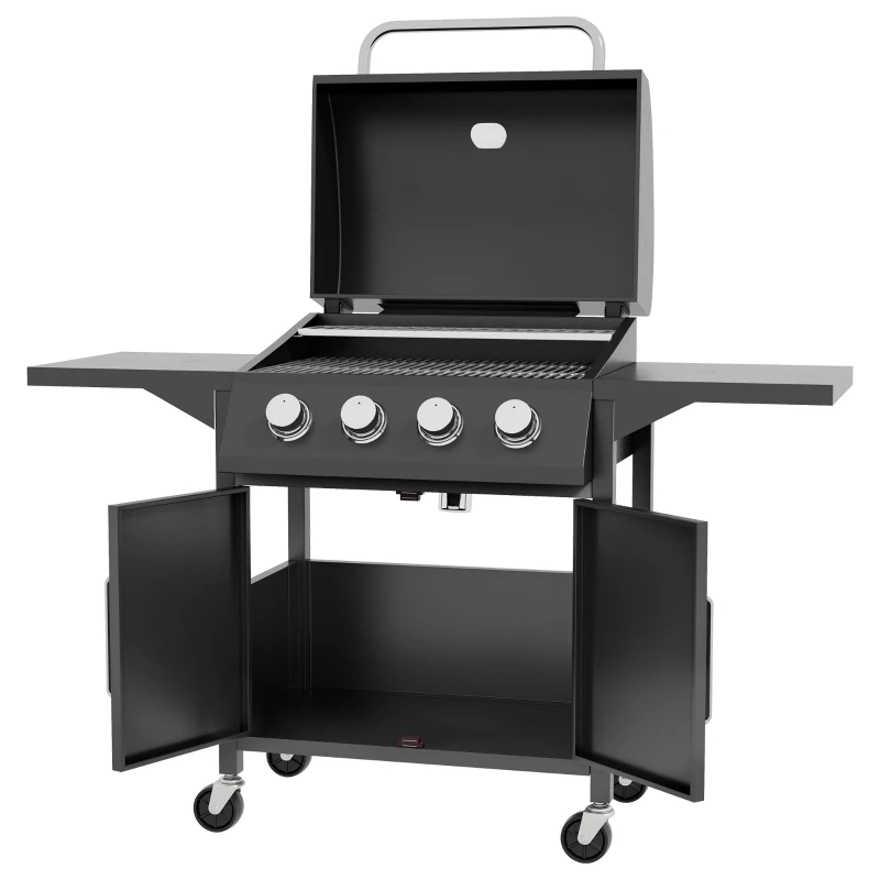 Click to view product details and reviews for Outsunny 4 Burner Gas Bbq Grill Outdoor Portable Barbecue Trolley W Warming Rack Side Shelves Storage Cabinet Thermometer.