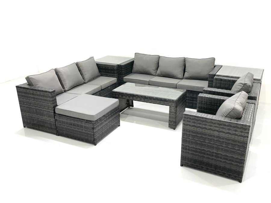 Click to view product details and reviews for Fimous Rattan Garden Furniture Sofa Set With Coffee Table Armchair 2 Side Tables Big Footstool Dark Grey Mixed.