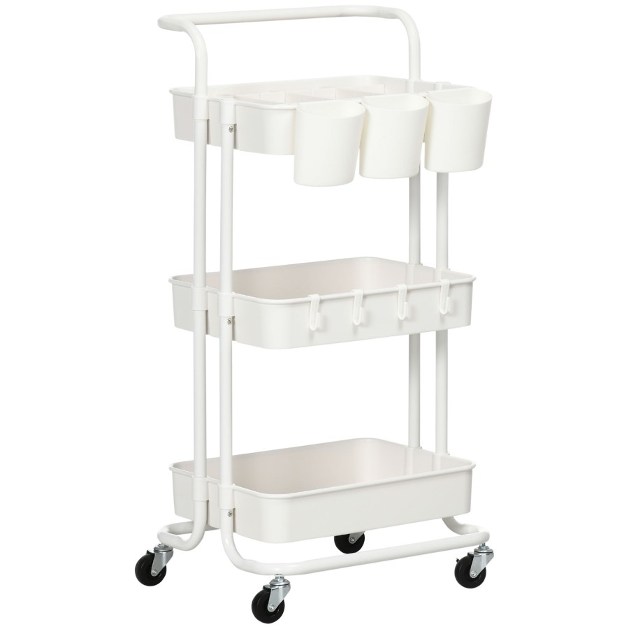 Click to view product details and reviews for Homcom 3 Tier Utility Rolling Cart Kitchen Cart With 3 Removable Mesh Baskets 3 Hanging Box 4 Hooks And Dividers For Living Room Laundry Garage.