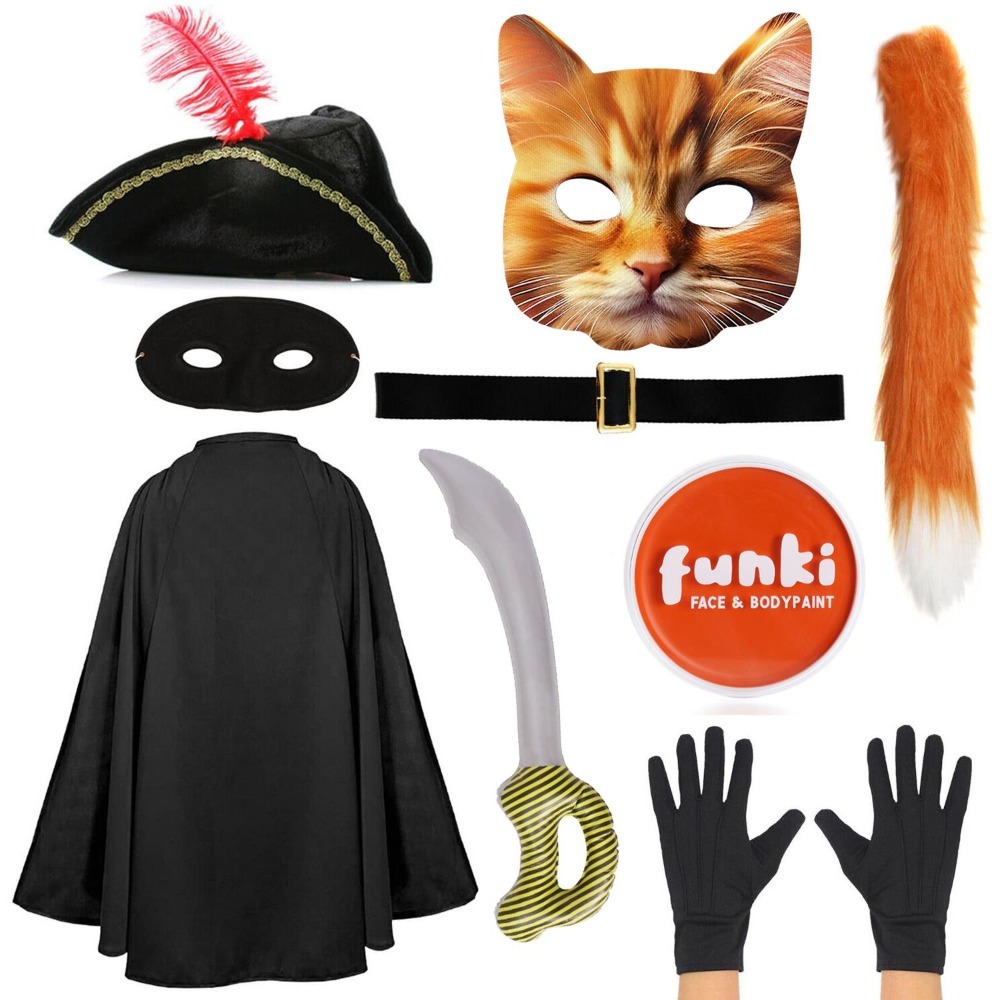 Adults Deluxe Cat Bandit Costume | 9 Pcs | Cape, Hat, Black Mask, Cat Mask, Belt, Gloves, Sword, Thin Tail & Orange Face Paint
