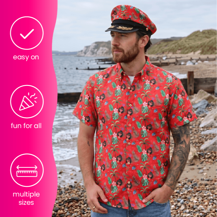 Adults Hawaiian Costume | 2 Pcs | Unisex Red Hawaiian Print Shirt & Sailor Hat
