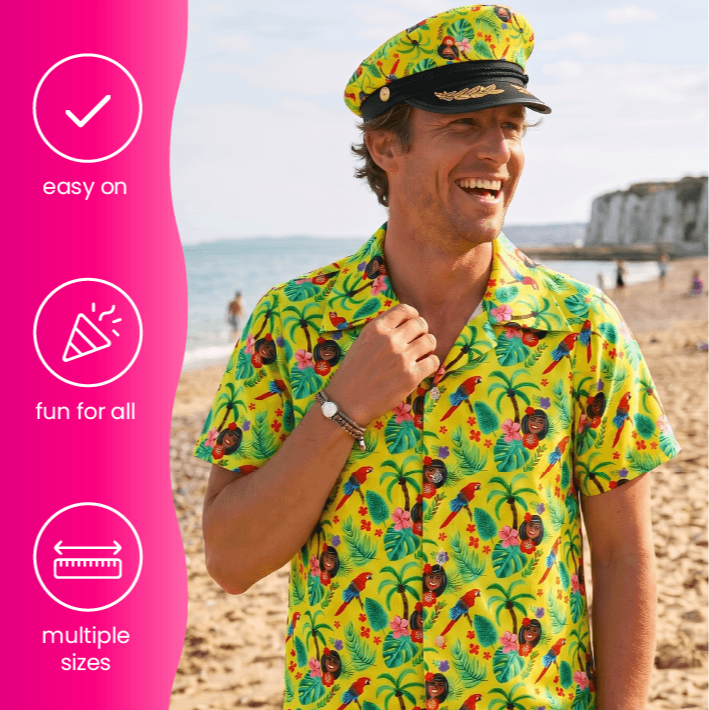 Adults Hawaiian Costume | 2 Pcs | Unisex Yellow Hawaiian Print Shirt & Sailor Hat