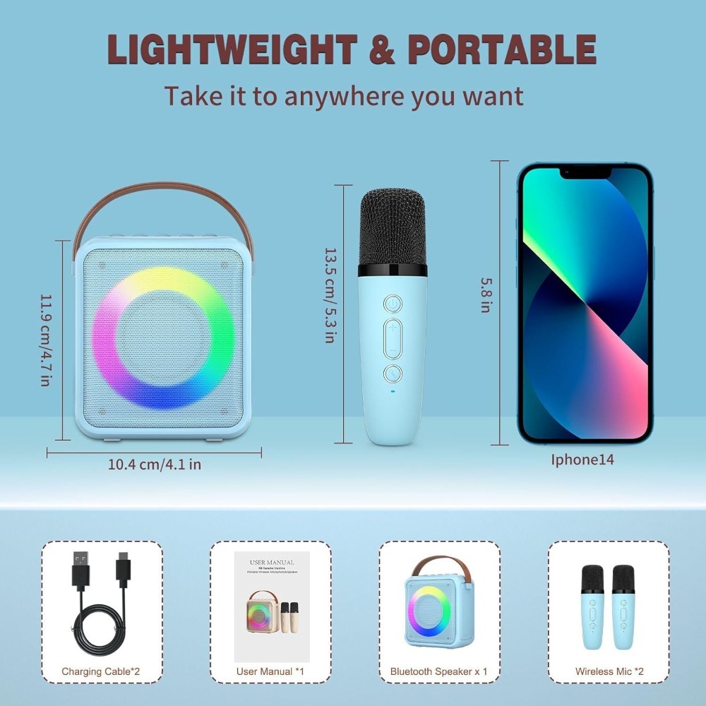 Portable Kids & Adults Karaoke Machine with 2 Mics, LED Lights - Blue
