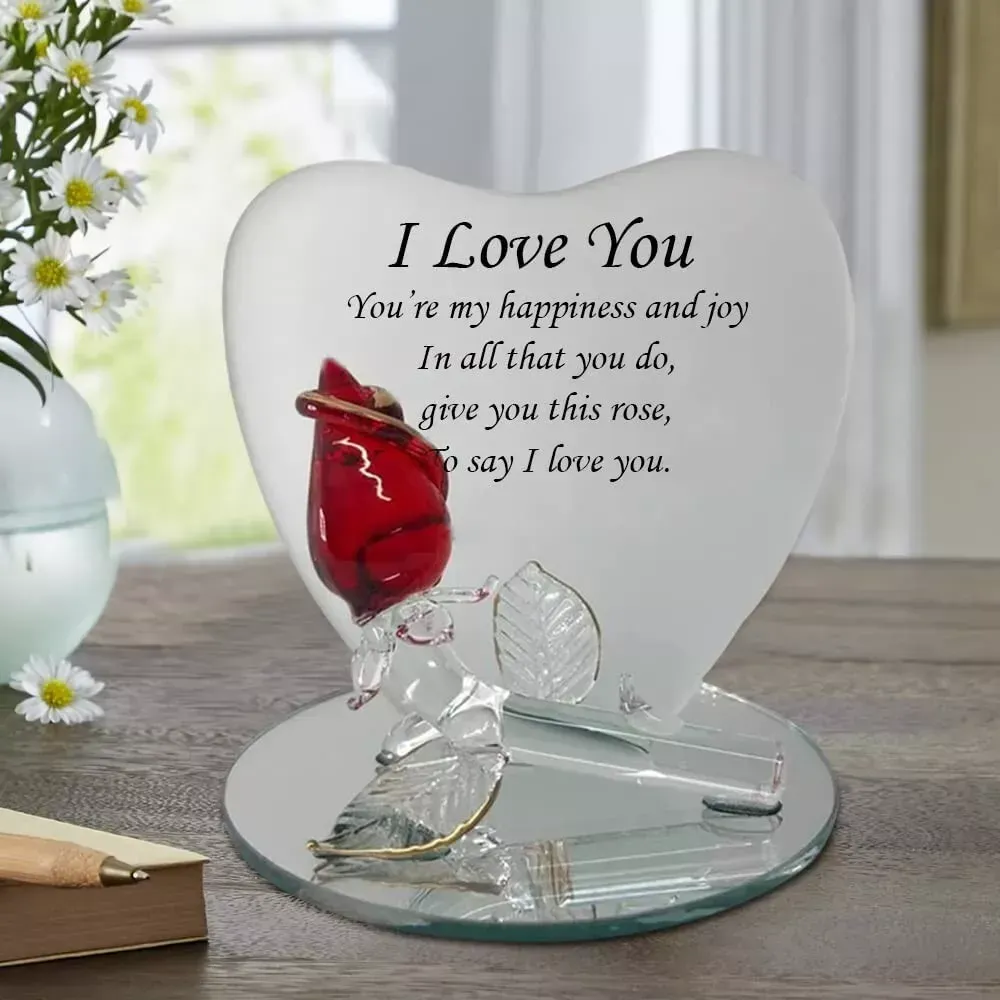 Glass Heart with Red Rose - Romantic Love Valentines Day Gift for Any Occasion