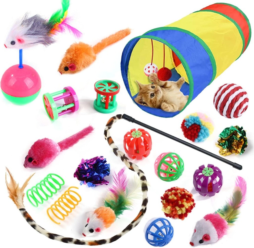 20 PCS Cat Toys Set with Tunnel, Feather Wand, Balls & Mice