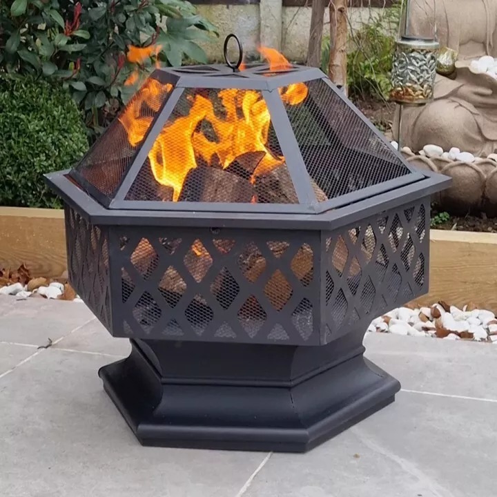 Deluxe Lattice Design Fire Pit with Lid & Poker – Outdoor Heater