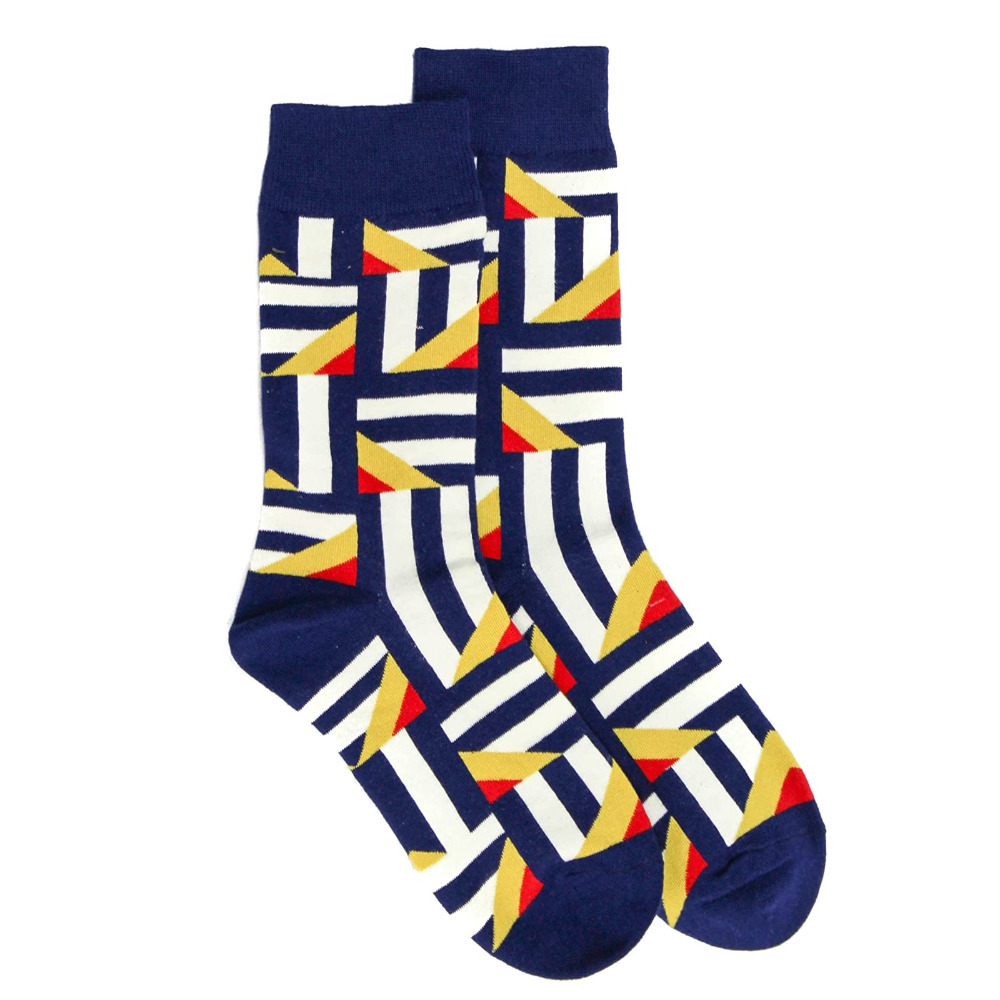 1 Pair Socks Crew Geometric Navy Stripe Novelty Unisex Size UK 4-8 Lucky Pair