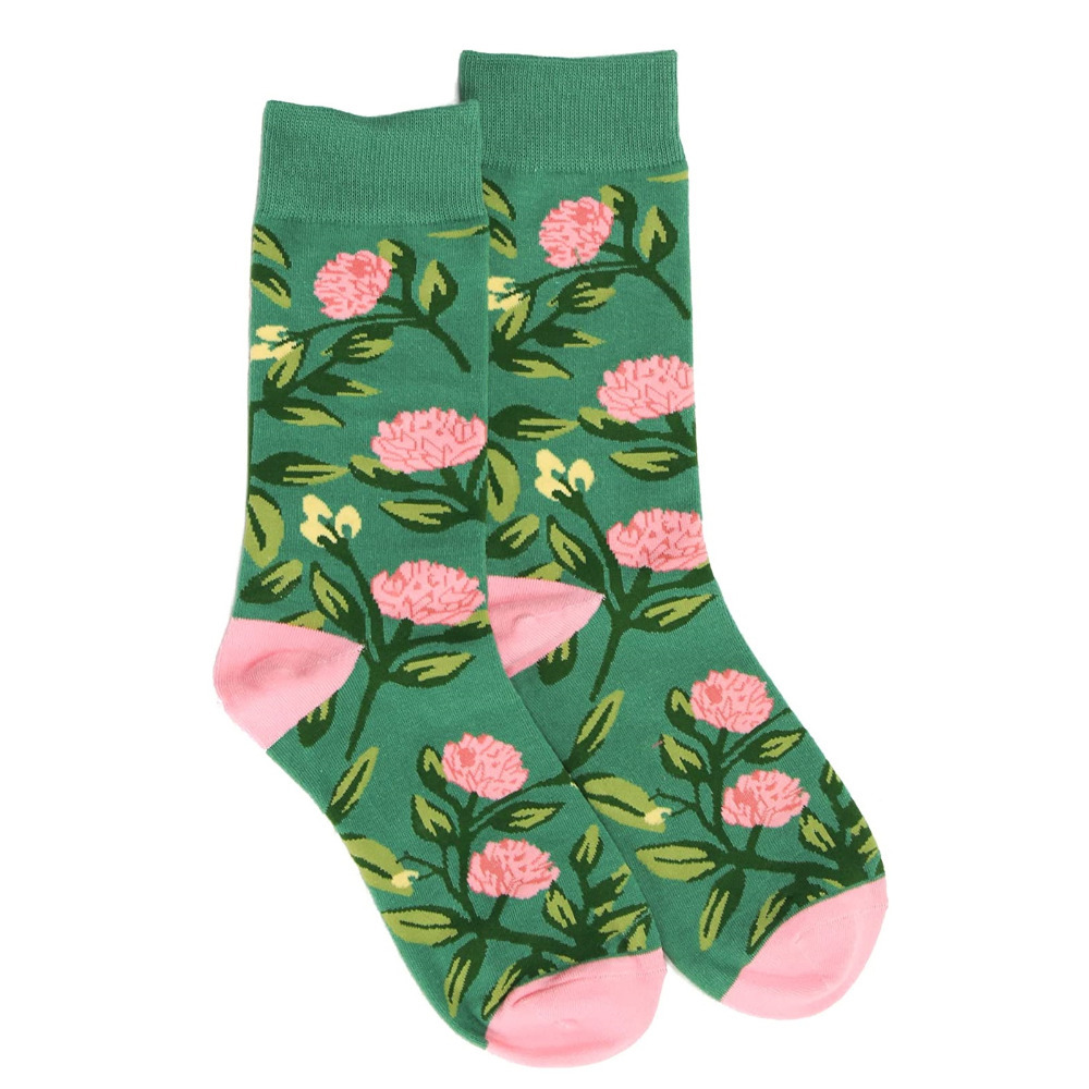 1 Pair Socks Crew Green & Pink Floral Design Unisex Size UK 4-8 Lucky Pair