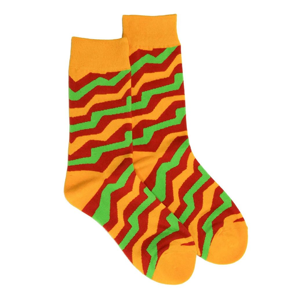 1 Pair Socks Crew Orange & Green Wavy Design Unisex Size UK 4-8 Lucky Pair