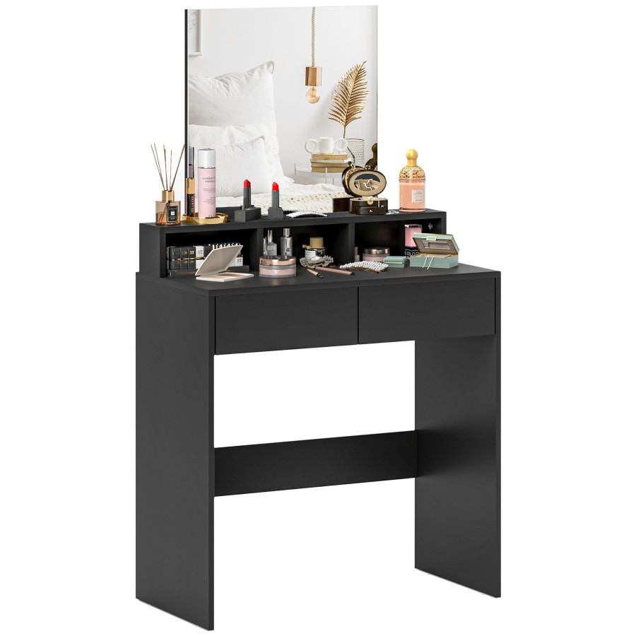 Click to view product details and reviews for Homcom Dressing Table With Mirror Vanity Table With 2 Drawers 3 Compartments For Bedroom Modern Dresser Makeup Desk For Women And Girls Black.