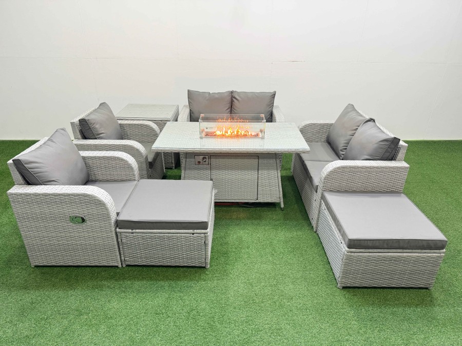 Click to view product details and reviews for Fimous 8 Seater Outdoor Reclining Chair Love Sofa Set Rattan Garden Furniture Set With Firepit Dining Table 2 Big Footstools Side Table Light Grey.